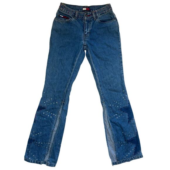 TOMMY JEANS Y2K Low Rise Rhinestone Split Flare Denim Stars Logo Retro Size 0 - Picture 4 of 13